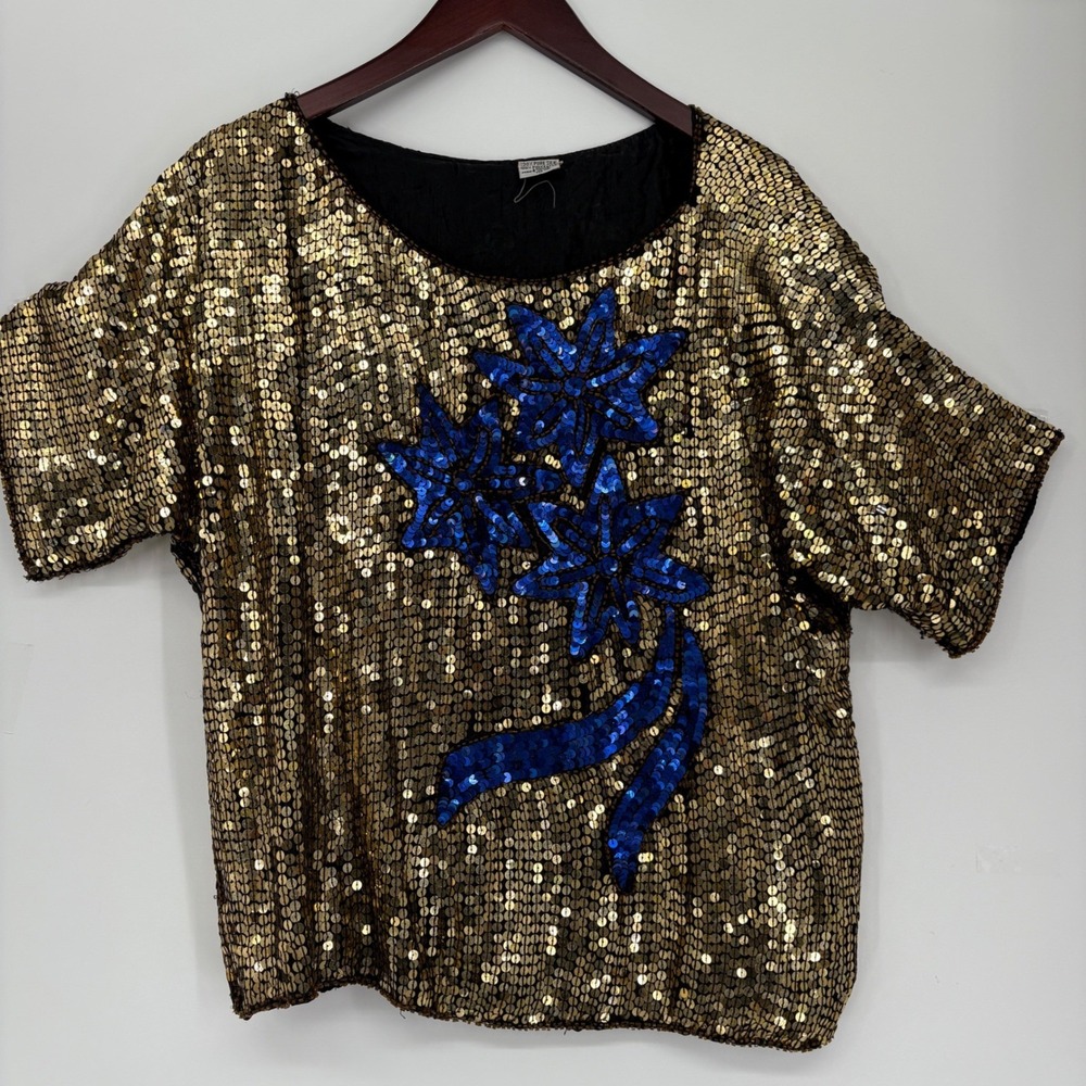Sequin Vintage Glam Top Gold Blue Star Embellished Party Blouse Short‎ Sleeve 1X